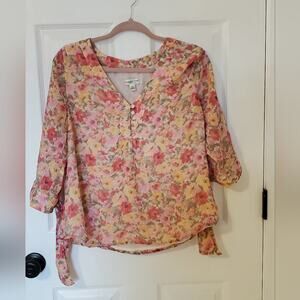 Coldwater Creek V Neck Floral Button Blouse Romantic 3/4 Sleeve Petite L Garden